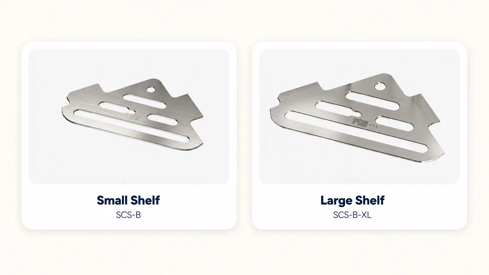 Small and large Redblock 316L stainless steel corner shower shelves shown side by side