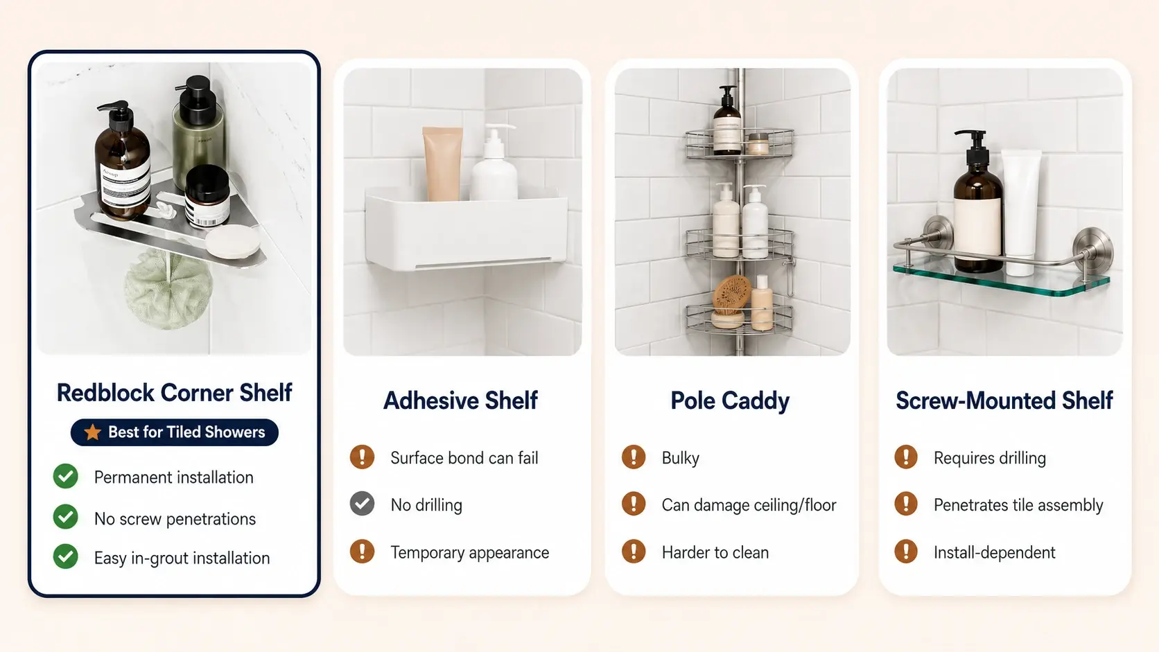 Redblock in-grout stainless steel shelf vs other shower shelf options