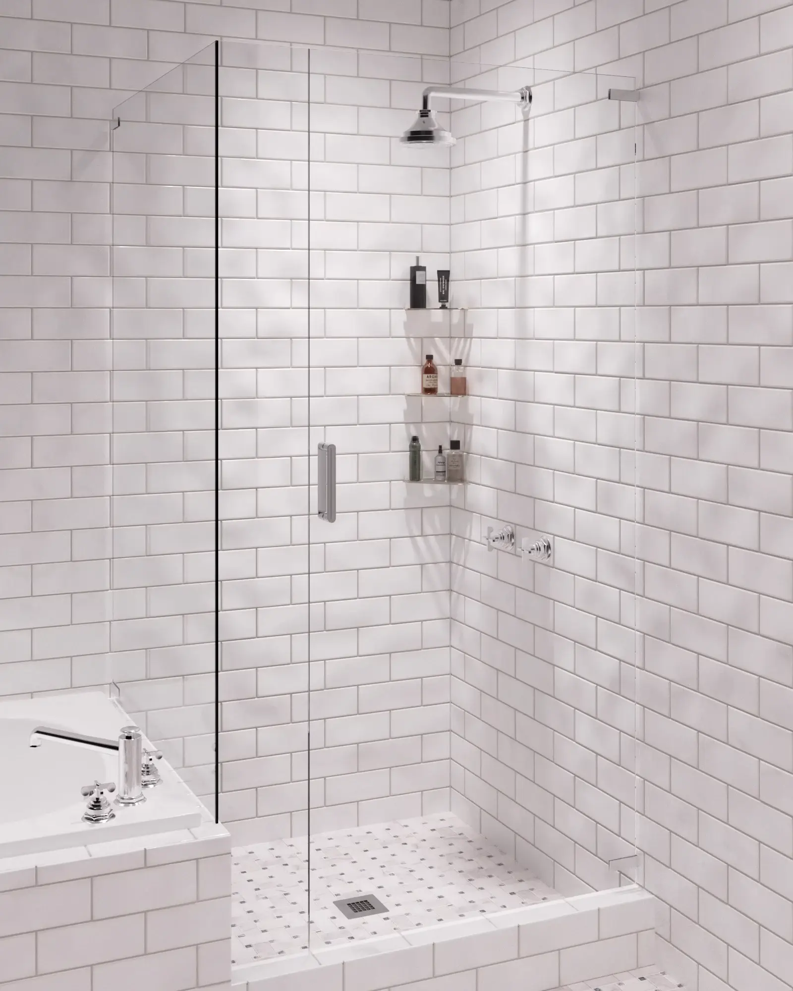 Three Redblock SCS-B stainless steel corner shower shelves installed in a modern white subway tile shower with marble penny mosaic floor tile