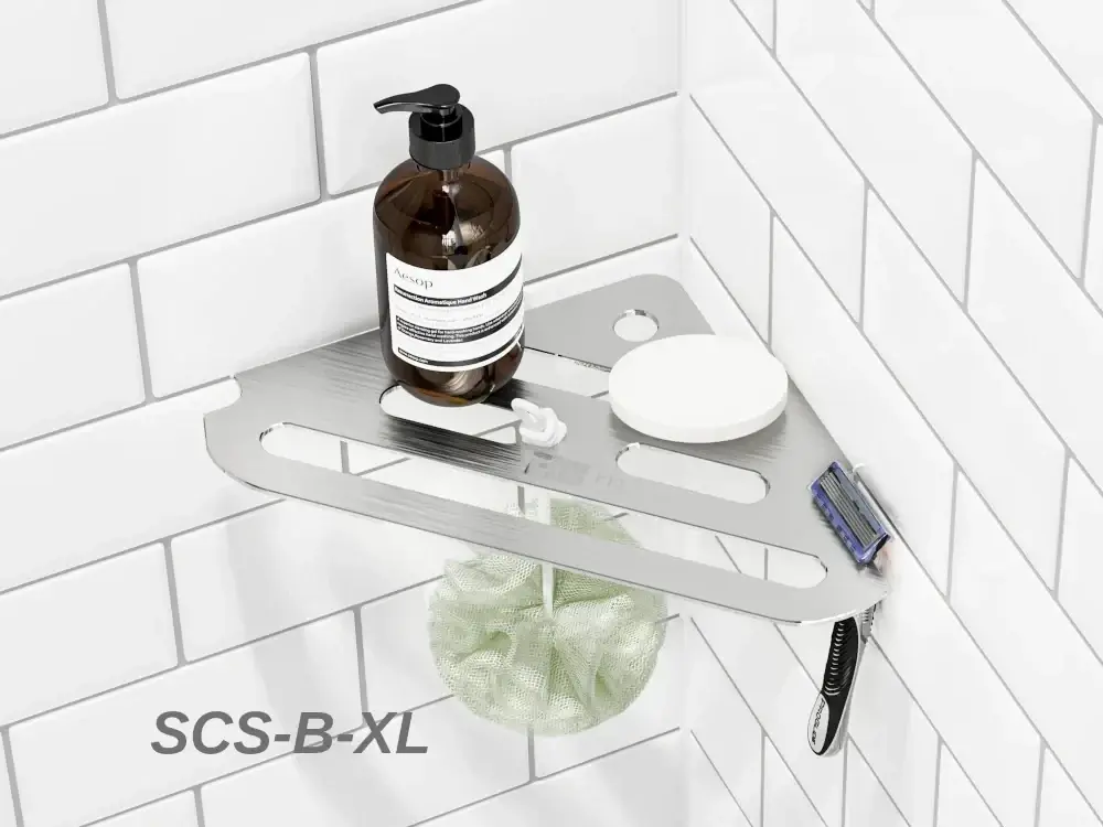 Redblock stainless steel corner shower shelf installed in a tiled shower