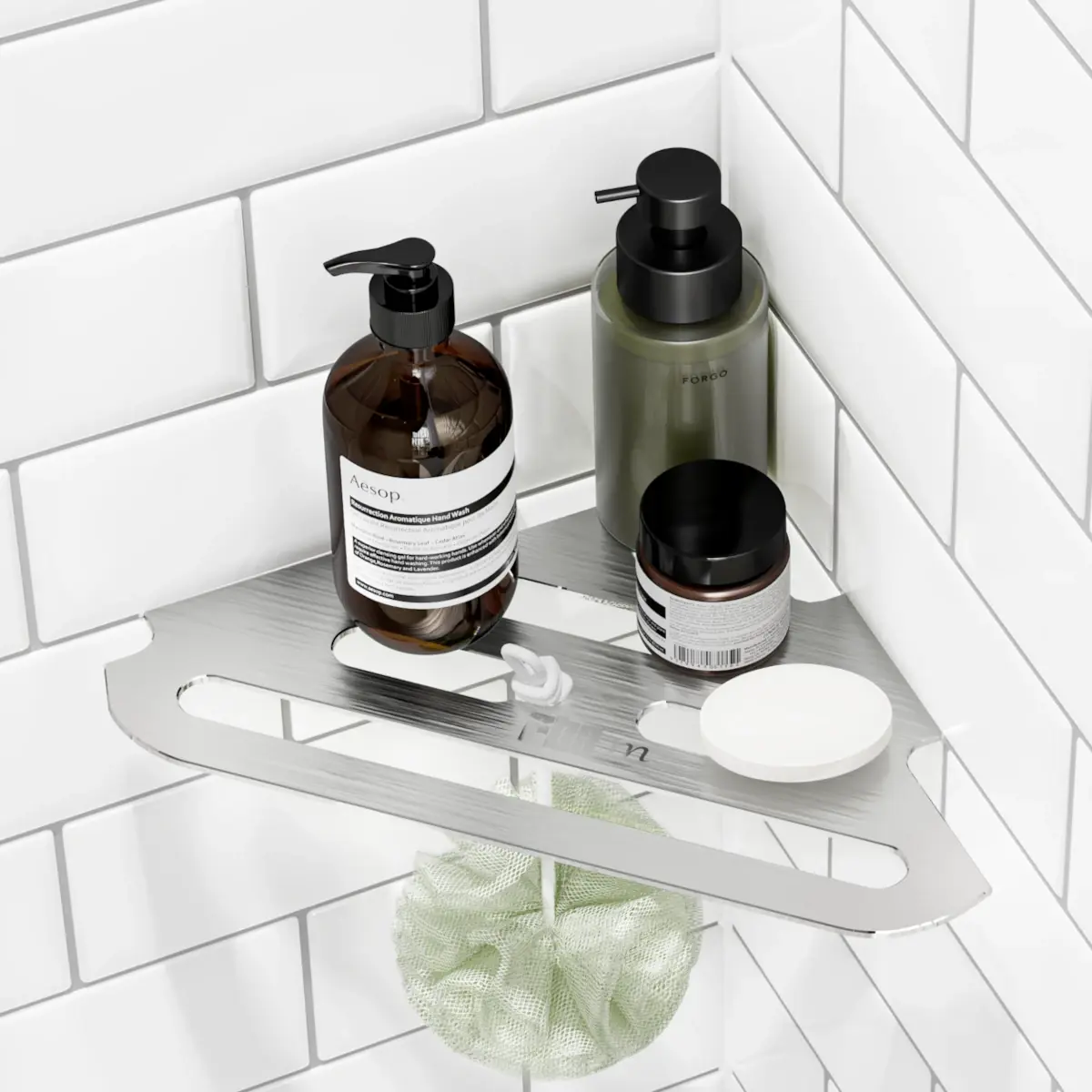 Redblock 316L stainless steel corner shower shelf.