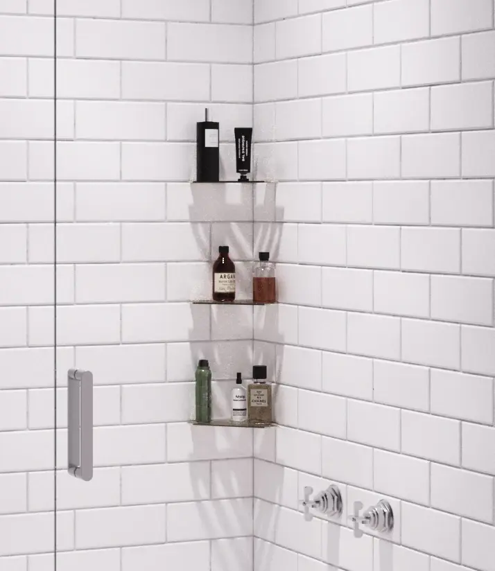 Three Redblock corner shelves installed in an existing white subway tile shower