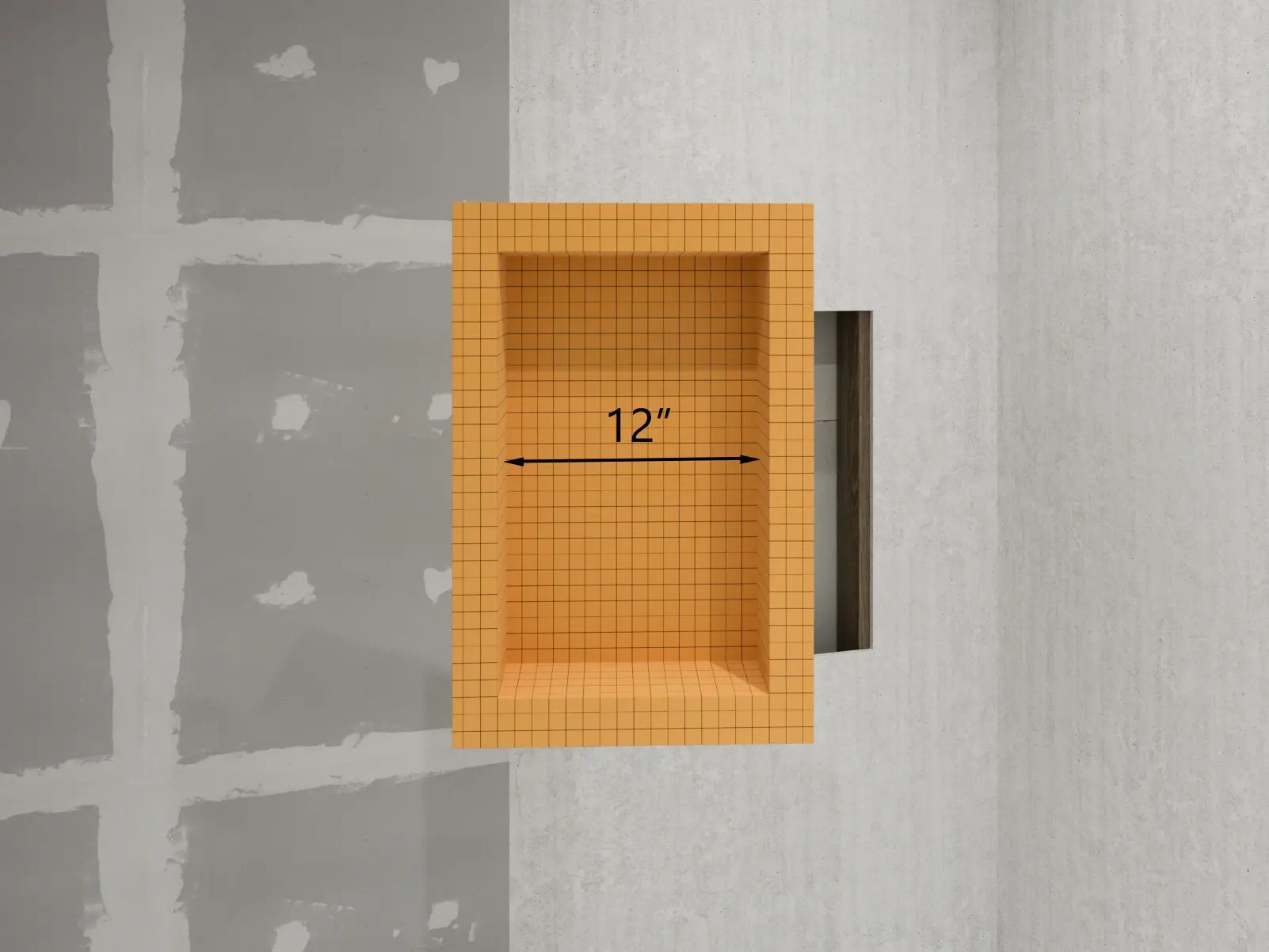 Diagram showing how to measure a
                12-inch-wide tile-ready shower niche opening before tile is installed.