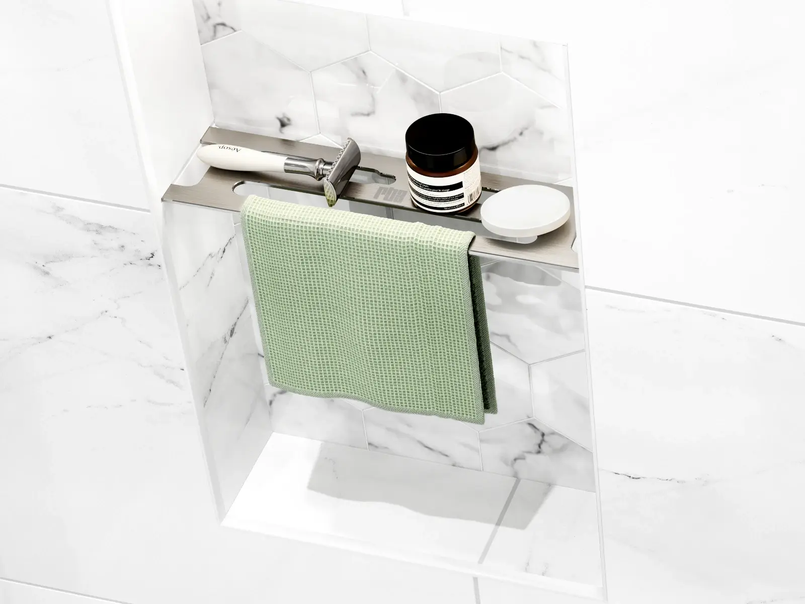 Redblock Rb3m shower niche shelf holding soap and shower products with a washcloth hanging from the long slot