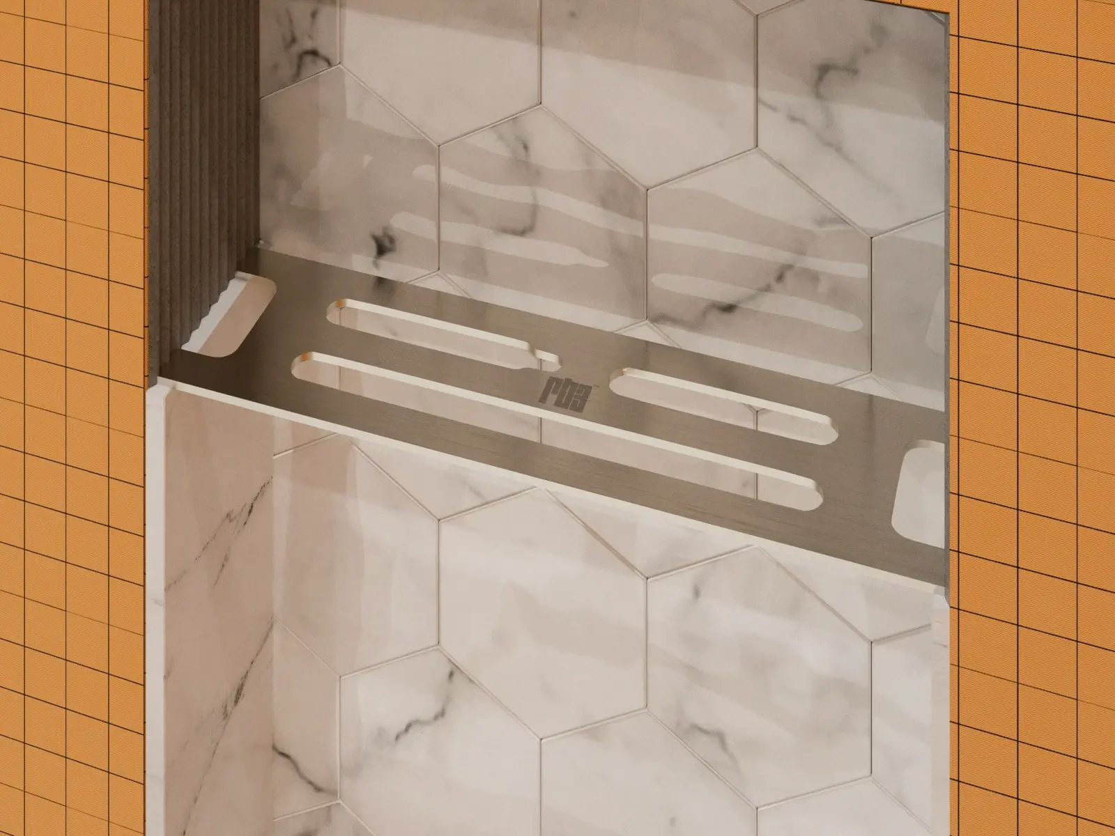 Cutaway showing the Redblock Rb3m shelf, niche tile, grout joint, thinset mortar, and waterproofing assembly.