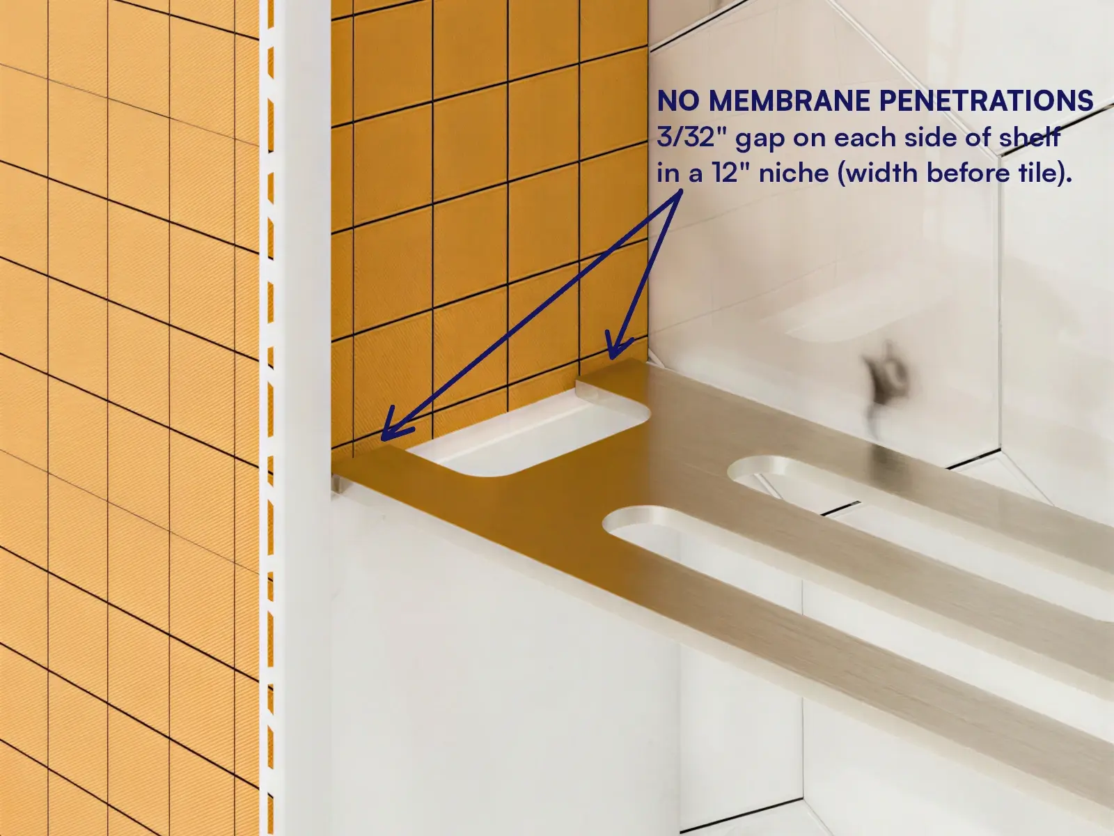 Partial Installation showing the Redblock Rb3m niche shelf, niche tile,
              grout
              joint, and waterproofing layer.