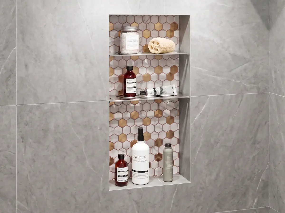 Two shelf layout showing two rb3 Shower Niche Shelves installed into a 12 × 24 inch tiled niche.
