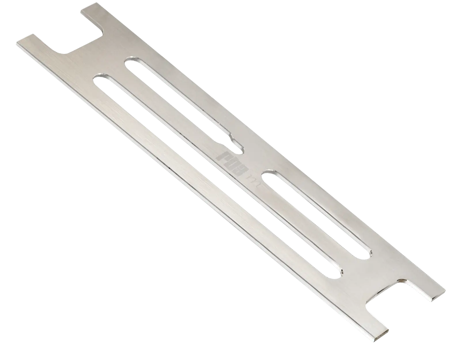 Angled product view of the brushed Redblock Rb3m 316L stainless steel shower niche shelf