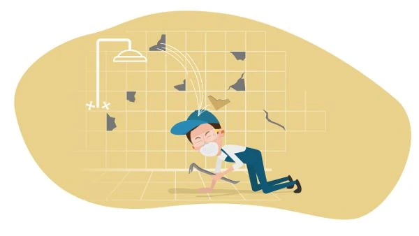 Shower Remodel - Cartoon man demo - Tile hitting head - shower remodel post