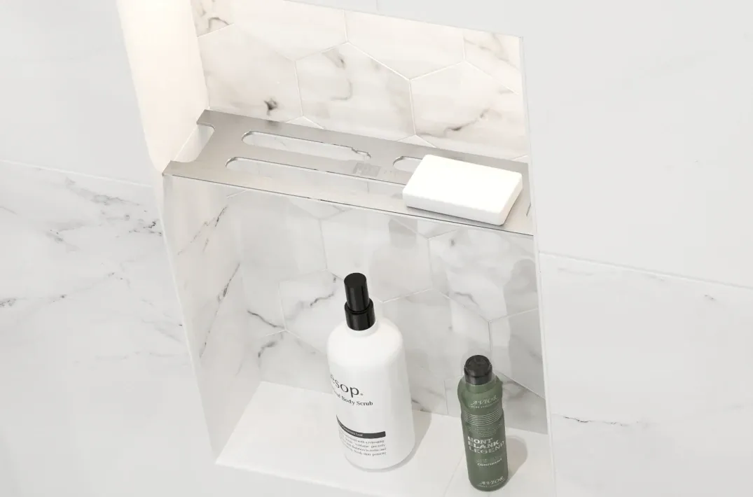 Redblock sower niche shelf installed CG - niche shower shelf post