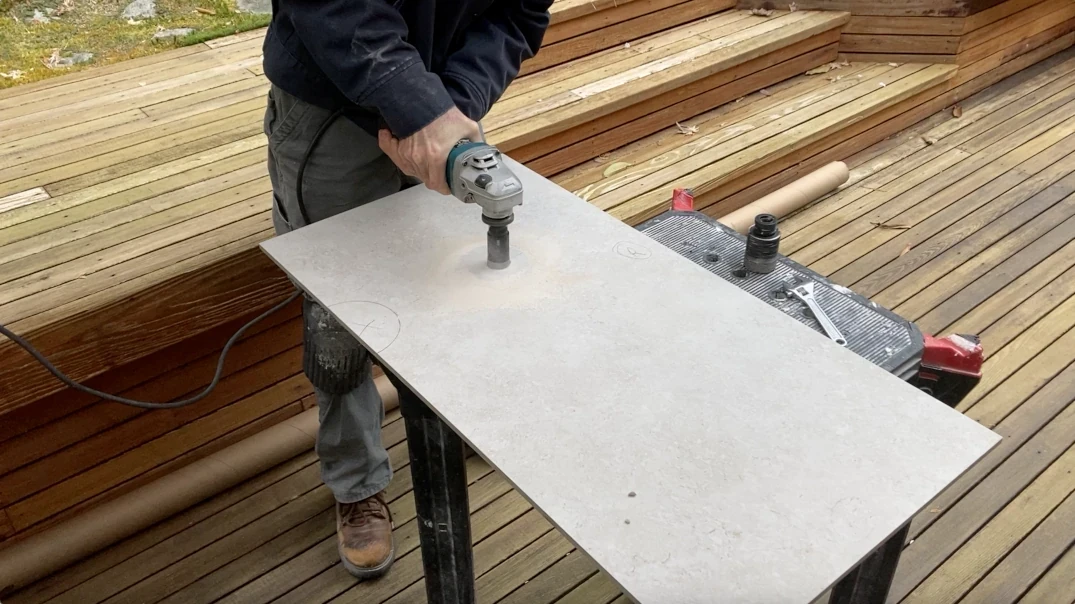Cutting tile with hole saw and grinder -Lay shower tile post