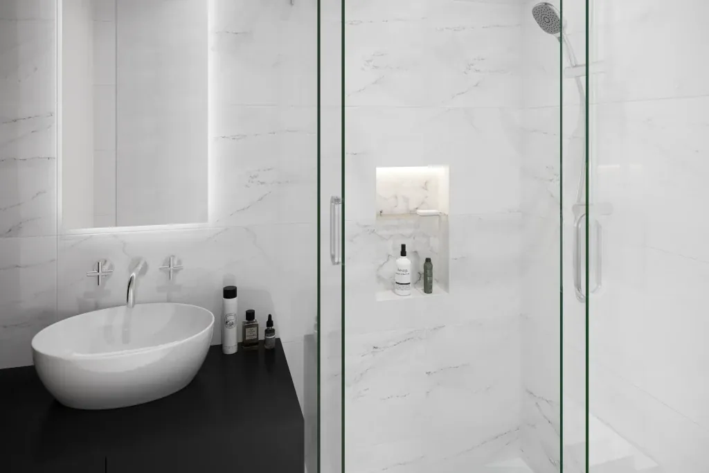 Finished CG Tiled niche install with rb3 shelf-wide angle - shower niche height post