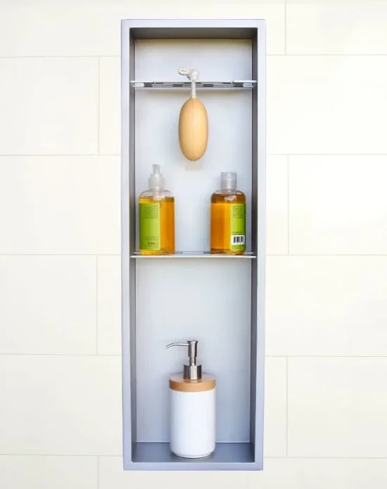 Installed N828 PVD Chrome shower niche with items