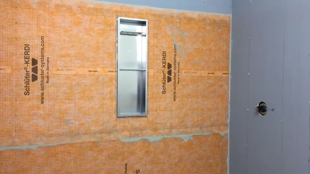 Kerdi membrane over Denshield with Redblock SS niche - shower waterproof membrane post