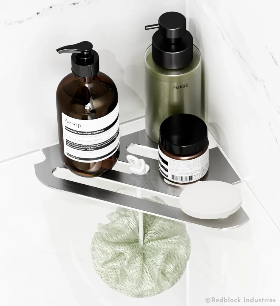 Corner Shelf with puff, cropped CGI Image - installing shelf on already tiled wall post