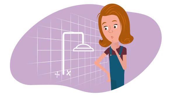 Shower Remodel - Cartoon lady looking at Shower Fixture height - shower remodel post