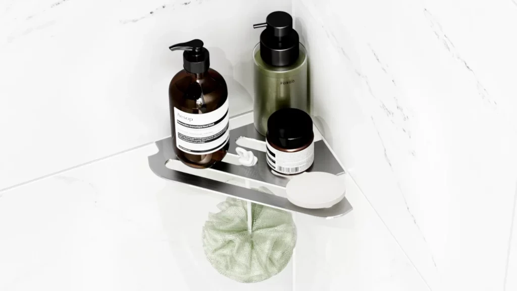 Redblock corner shower shelf with items -Lay shower tile post