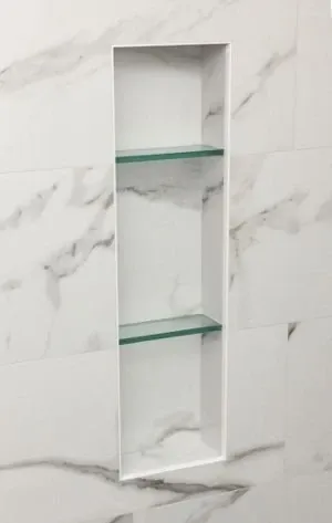 Tiled shower niche with glass shelves - ideas for shower niches post
