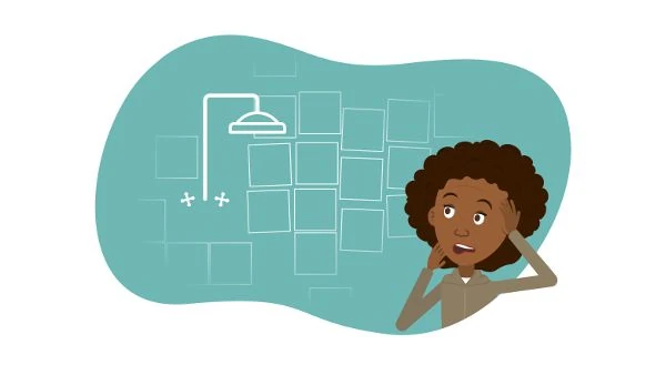 Shower Remodel - Exasperated lady noticing crooked tiles on wall - shower remodel post