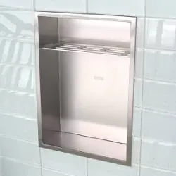 Angled empty Redblock N1014 shower Niche with green glass tile - ideas for shower niches post