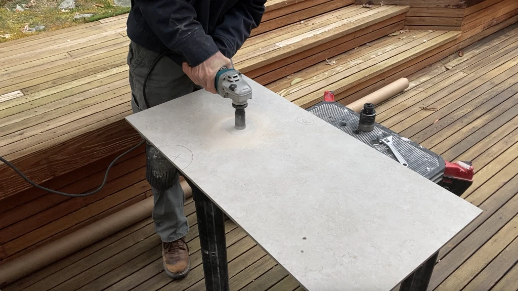 Cutting holes in porcelain tile with angle grinder and hole-saw bit for tile