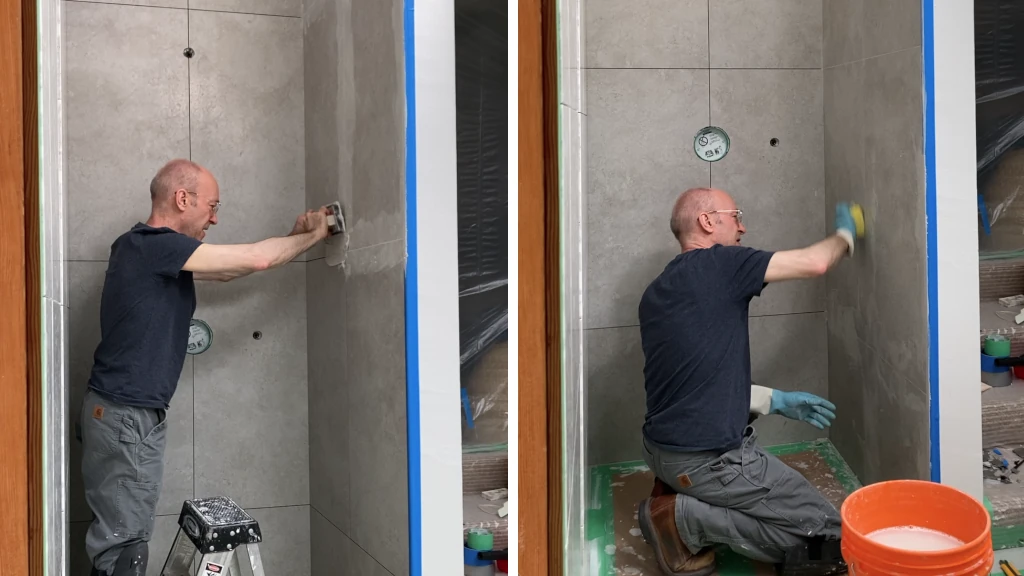 Grouting and sponging Flexcolor CQ grout on shower wall