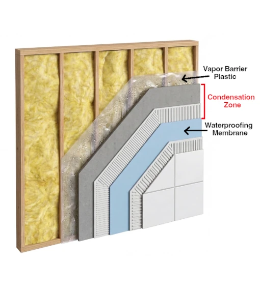 Diagram showing trapped moisture between vapor barrier and waterproof membrane in exterior shower wall