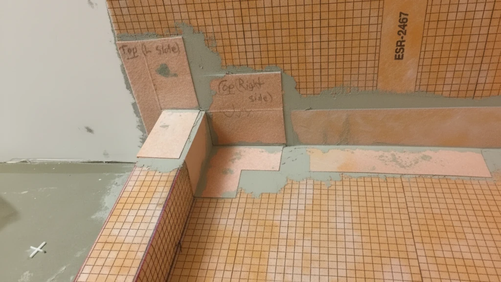 Shower curb waterproofed with sheet membrane and prefab corners