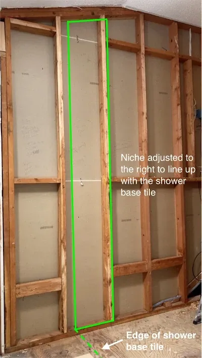 Beta's curbless shower framing - Repositioning the niche - how to build a shower niche post