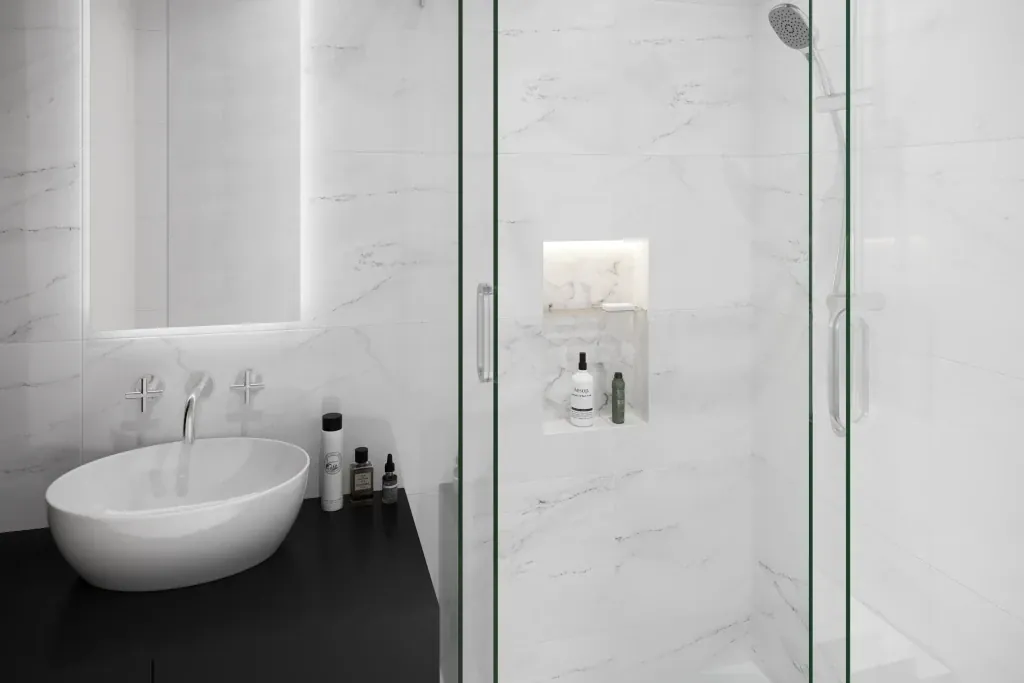 Finished CG Tiled niche install with rb3 shelf-wide angle - shower niche problems post