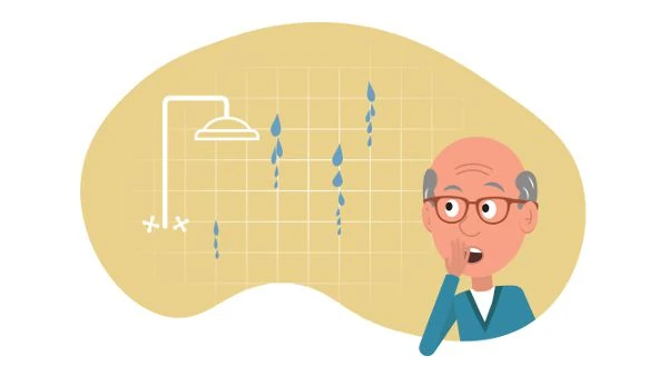 Shower Remodel - Cartoon man looking at water leak through shower tile - shower remodel post