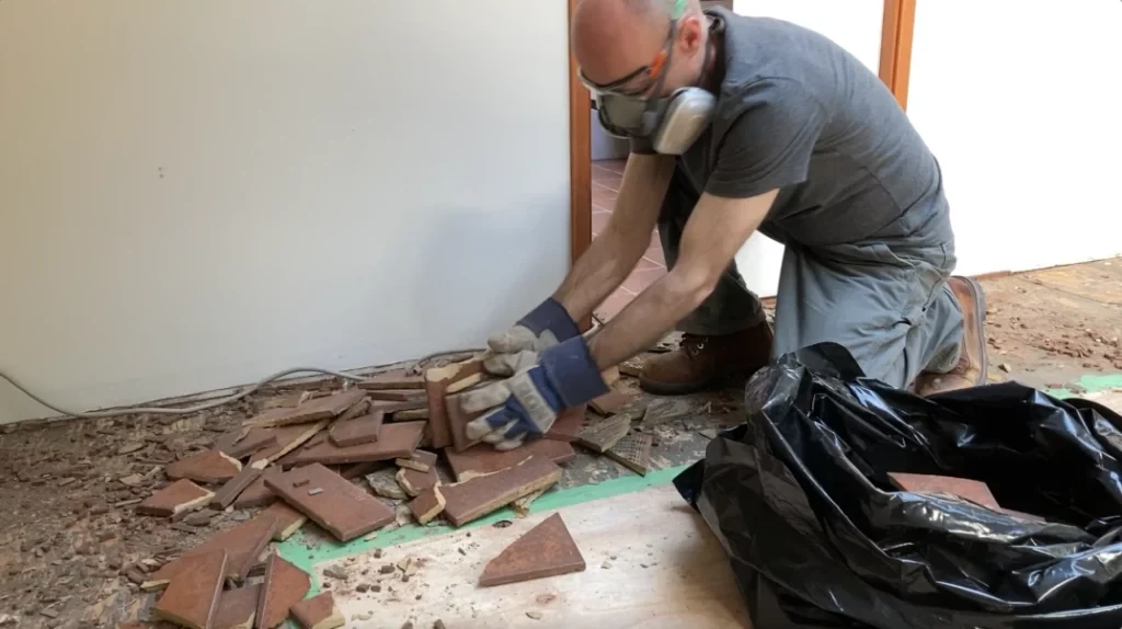 Cleaning up tile bits - removing tile from a bathroom wall post