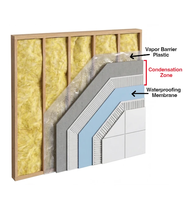 water vapor sandwich diagram showing trapped moisture in shower wall assembly