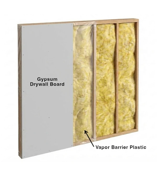 exterior stud wall with vapor barrier plastic sheeting and drywall layers diagram