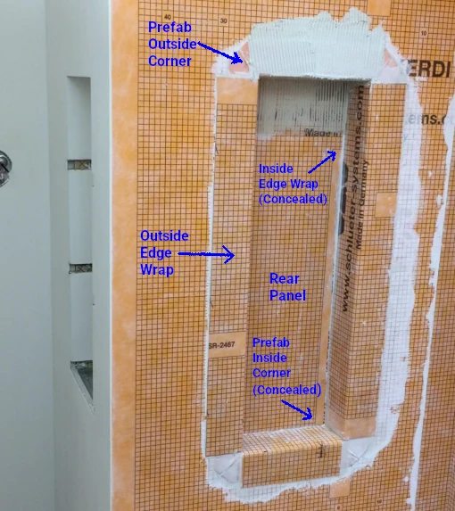 Waterproofed shower niche with Kerdi membrane showing leak-prone transition areas