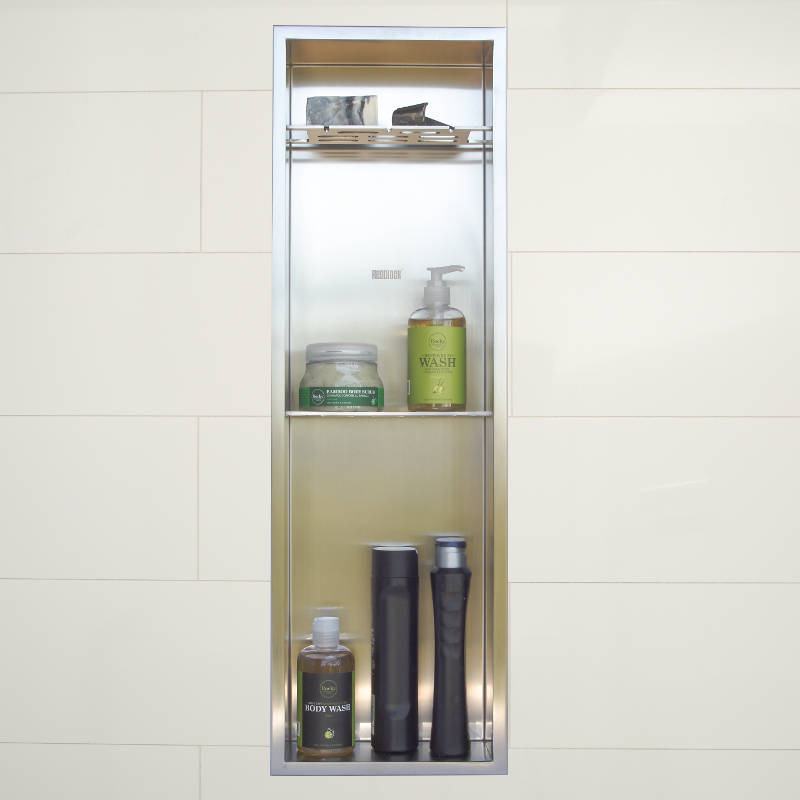 N828 Stainless Steel Shower Niche - Front whole niche mounted in white tile w product