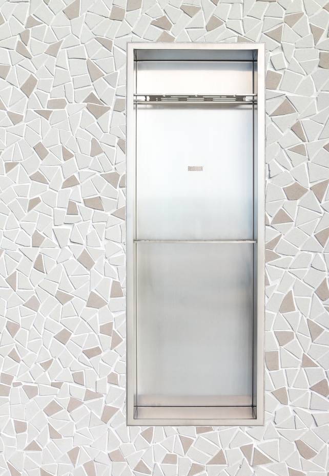 Redblock N1014 Shower Niche mounted in geometric tile