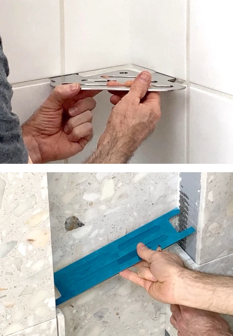 Installing Redblock RB3 shelves, Corner Shelf - top image, Niche Shelf - bottom image