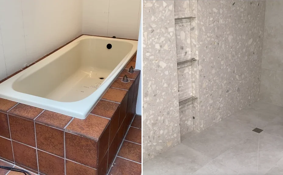 tub conversion to shower-before and after-combined