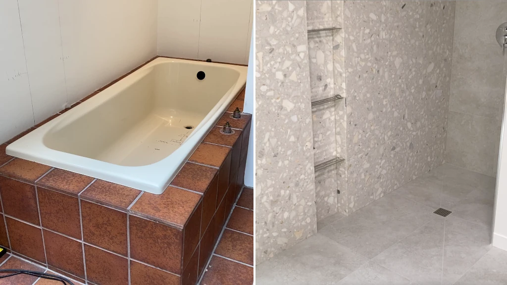 tub conversion to shower-before and after-combined